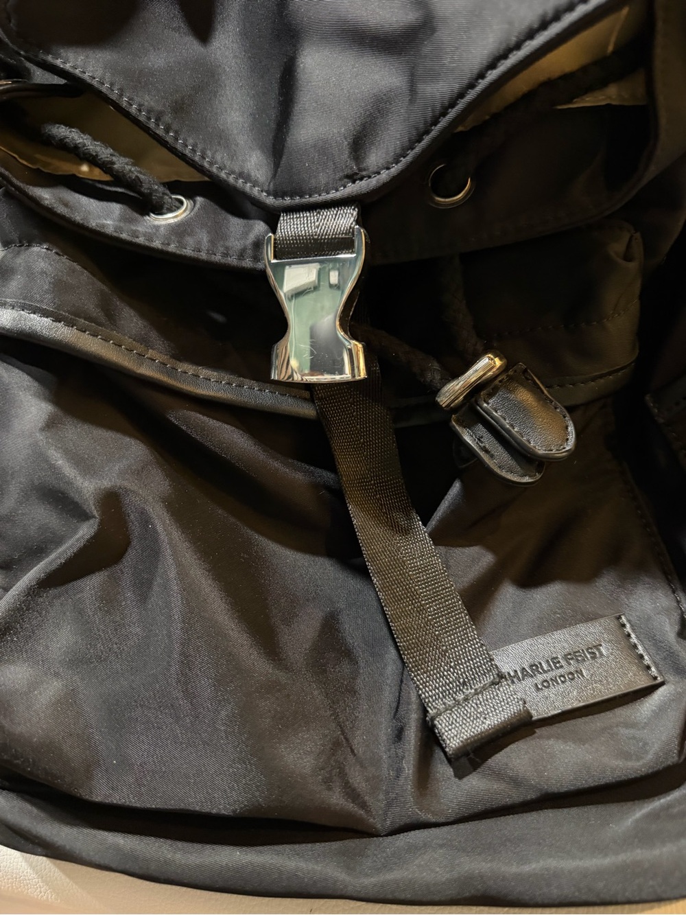 Charlie Feist London Black Nylon Backpack with Buckle Detail like new